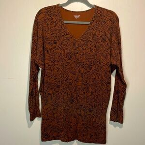 Garnet Hill- Green Cotton Brown & Black Square Pattern V-Neck Top- Size Medium